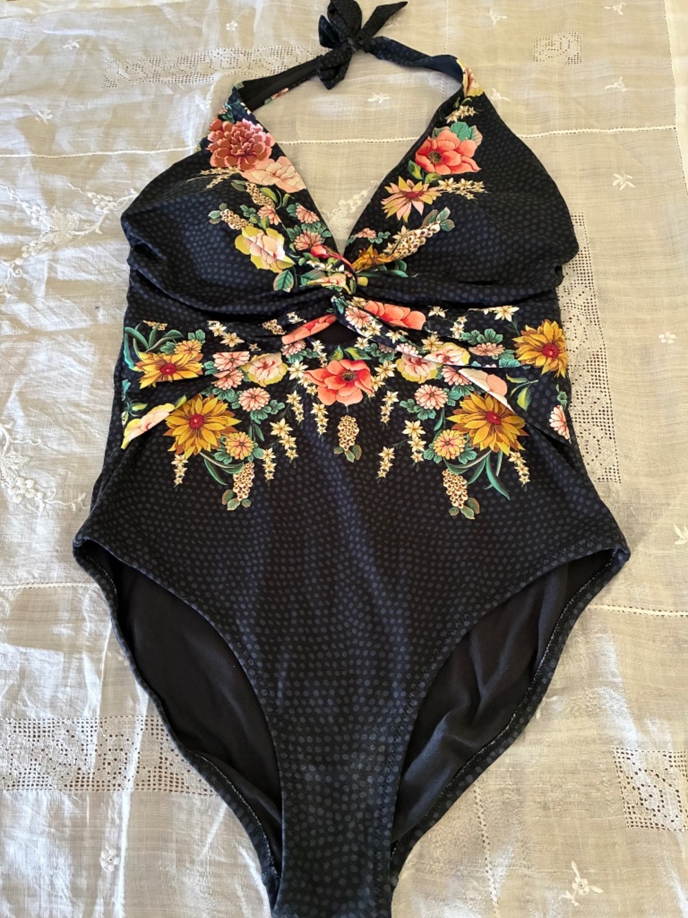 Johnny Was black floral one piece swimsuit